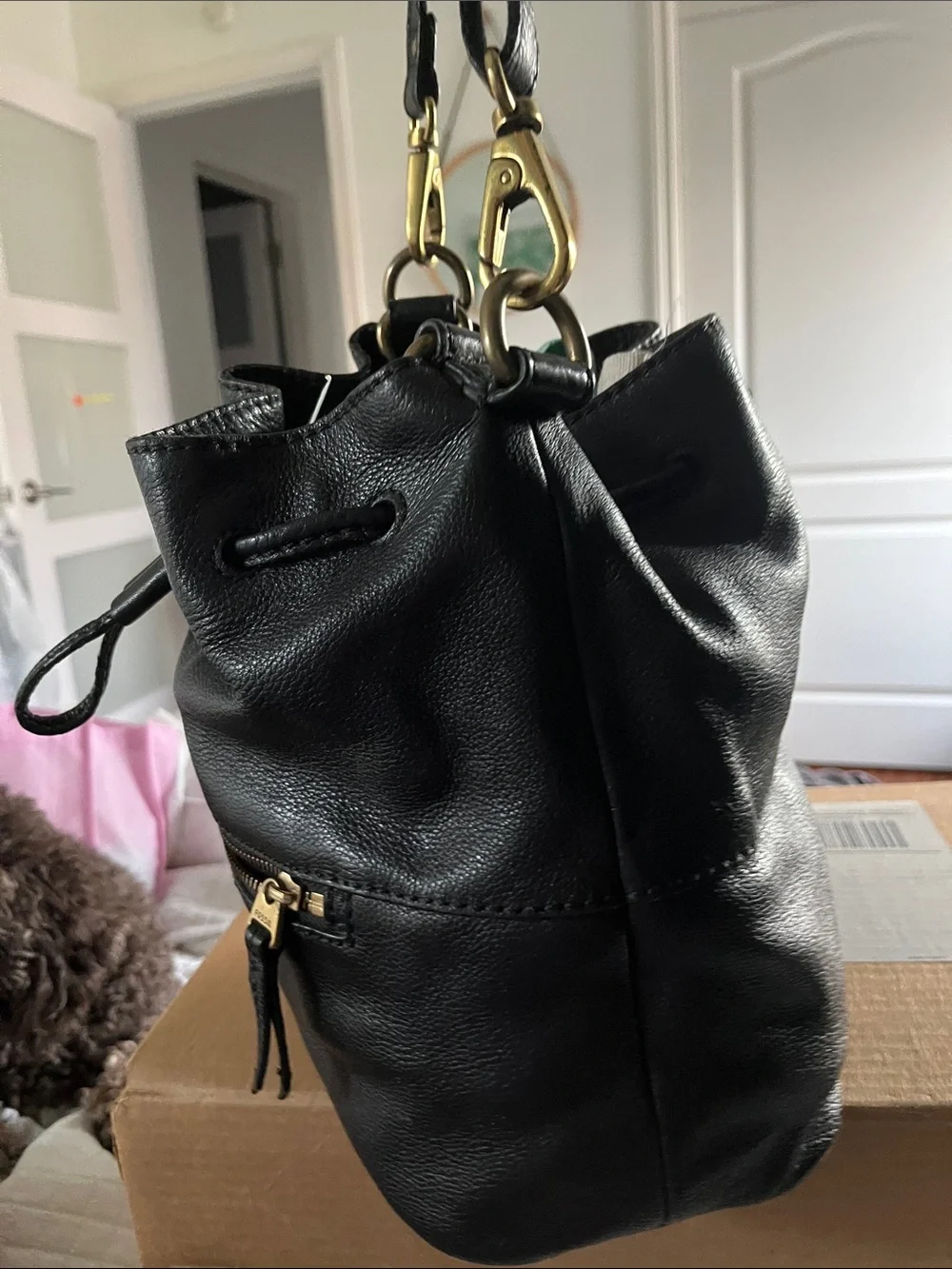 Fossil Black Leather Drawstring Crossbody with Gold Hardware